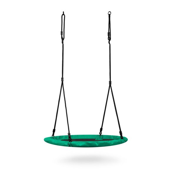 Fészekhinta, Neo-Sport Swingo, fekete/zöld, átmérő: 105 cm, vízálló, állítható kötélmagasság: 137-179 cm, acél váz, párnázott, Oxford 600D poliészter, teherbírás: 150 kg, kerek