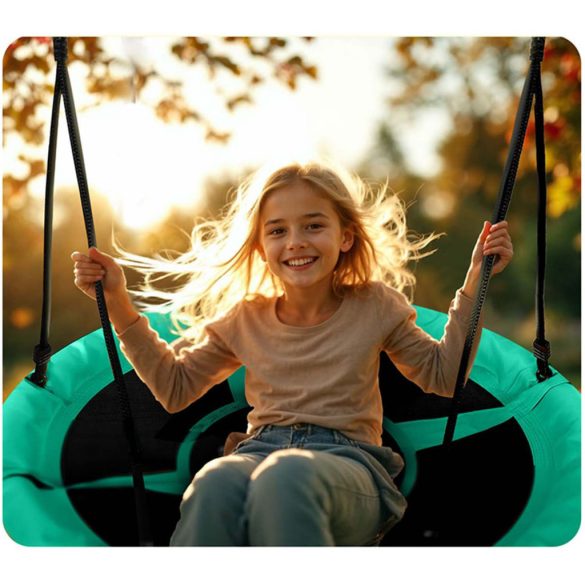 Fészekhinta, Neo-Sport Swingo, fekete/zöld, átmérő: 105 cm, vízálló, állítható kötélmagasság: 137-179 cm, acél váz, párnázott, Oxford 600D poliészter, teherbírás: 150 kg, kerek