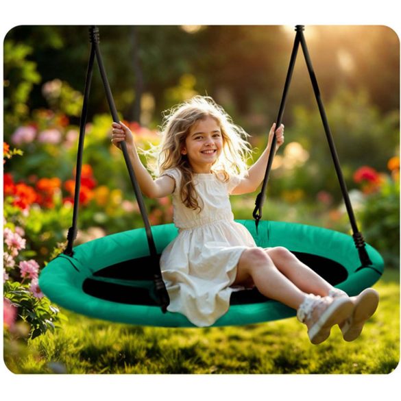 Fészekhinta, Neo-Sport Swingo, fekete/zöld, átmérő: 105 cm, vízálló, állítható kötélmagasság: 137-179 cm, acél váz, párnázott, Oxford 600D poliészter, teherbírás: 150 kg, kerek