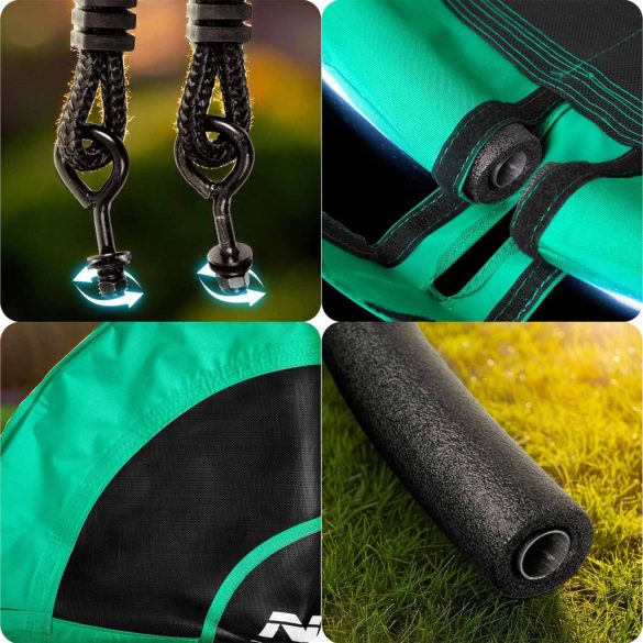 Fészekhinta, Neo-Sport Swingo, fekete/zöld, átmérő: 105 cm, vízálló, állítható kötélmagasság: 137-179 cm, acél váz, párnázott, Oxford 600D poliészter, teherbírás: 150 kg, kerek