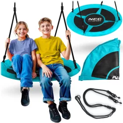   Fészekhinta, Neo-Sport Swingo, fekete/türkiz, átmérő: 105 cm, vízálló, állítható kötélmagasság: 137-179 cm, acél váz, párnázott, Oxford 600D poliészter, teherbírás: 150 kg, kerek