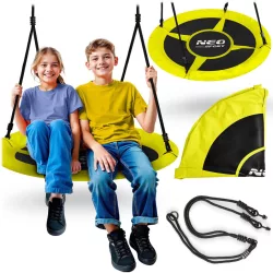  Fészekhinta, Neo-Sport Swingo, fekete/sárga, átmérő: 105 cm, vízálló, állítható kötélmagasság: 137-179 cm, acél váz, párnázott, Oxford 600D poliészter, teherbírás: 150 kg, kerek
