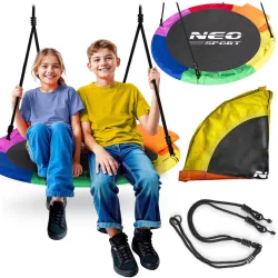   Fészekhinta, Neo-Sport Swingo, fekete/színes, átmérő: 105 cm, vízálló, állítható kötélmagasság: 137-179 cm, acél váz, párnázott, Oxford 600D poliészter, teherbírás: 150 kg, kerek