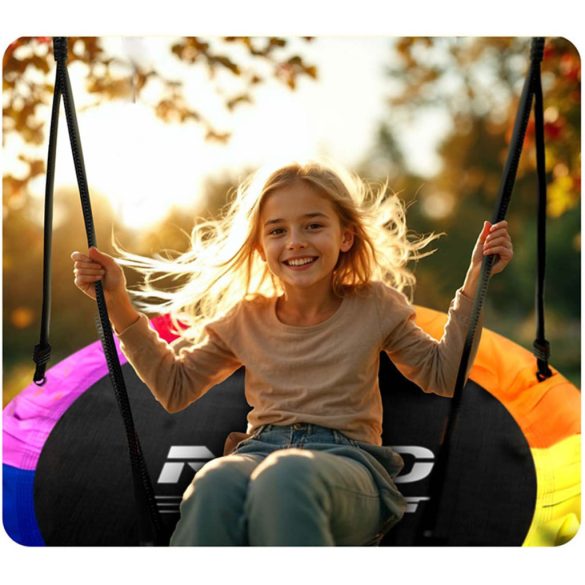 Fészekhinta, Neo-Sport Swingo, fekete/színes, átmérő: 105 cm, vízálló, állítható kötélmagasság: 137-179 cm, acél váz, párnázott, Oxford 600D poliészter, teherbírás: 150 kg, kerek