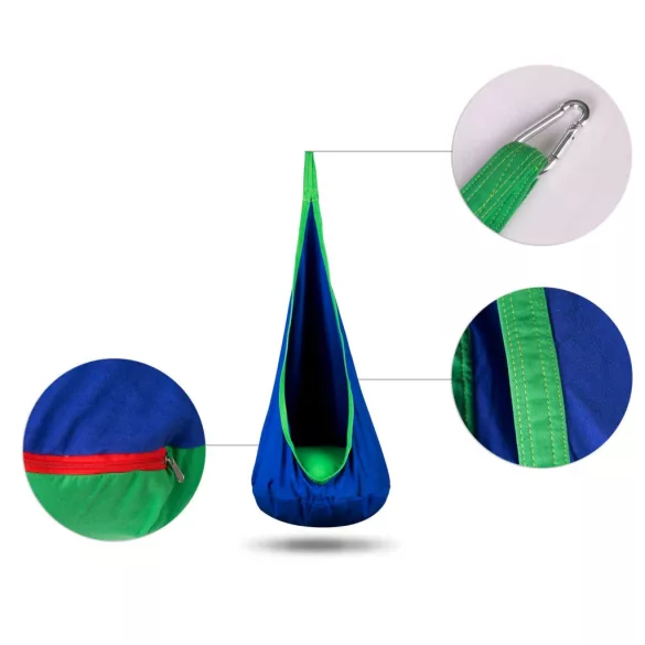 Gyerek függőfotel, Neo-Sport Kokon, kék, átmérő: 55 cm, magasság: 140 cm, akasztóval, párnával, mosható, teherbírás: 80 kg