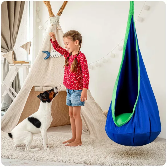 Gyerek függőfotel, Neo-Sport Kokon, kék, átmérő: 55 cm, magasság: 140 cm, akasztóval, párnával, mosható, teherbírás: 80 kg