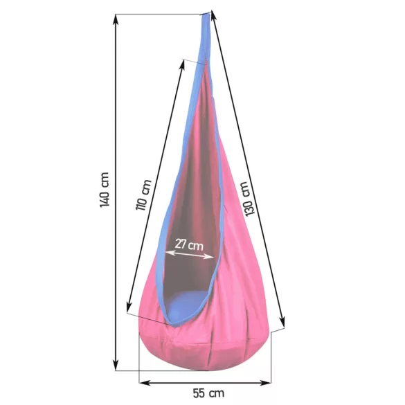 Gyerek függőfotel, Neo-Sport Kokon, rózsaszín, átmérő: 55 cm, magasság: 140 cm, akasztóval, párnával, mosható, teherbírás: 80 kg