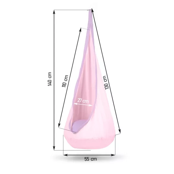 Gyerek függőfotel, Neo-Sport Kokon, világos rózsaszín, átmérő: 55 cm, magasság: 140 cm, akasztóval, párnával, mosható, teherbírás: 80 kg