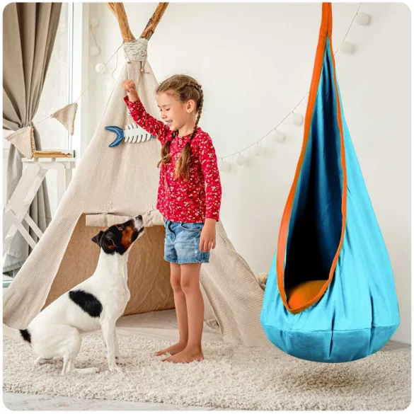 Gyerek függőfotel, Neo-Sport Kokon, türkiz, átmérő: 55 cm, magasság: 140 cm, akasztóval, párnával, mosható, teherbírás: 80 kg