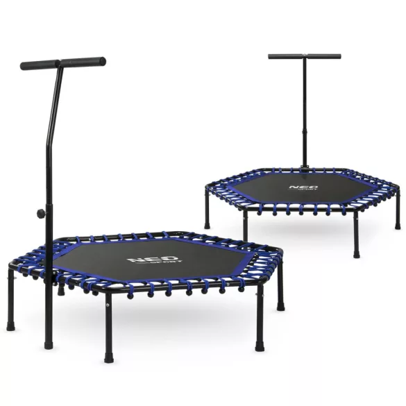 Fitnesz trambulin, Neo-Sport, fekete/kék, átmérő: 127 cm, hatszögletű, magasság: 30 cm, állítható kapaszkodó, acél váz, 6 + 1 láb, 100 kg teherbírás, 42 db gumi