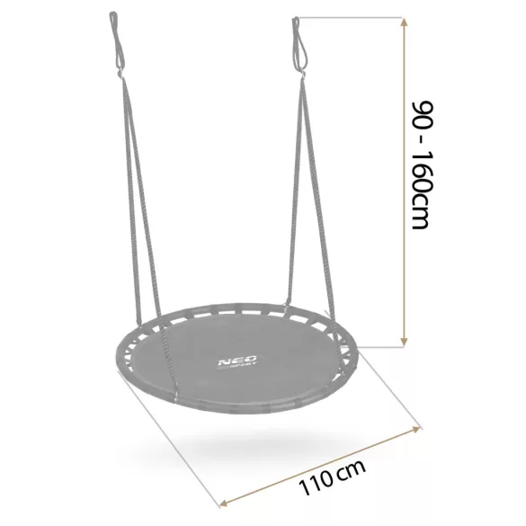 Fészekhinta, Neo-Sport Swingo, fekete, átmérő: 110 cm, vízálló, állítható kötélmagasság: 90-160 cm, acél váz, Oxford 600 D poliészter, teherbírás: 150 kg, kerek