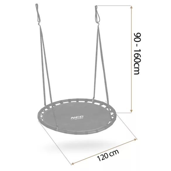 Fészekhinta, Neo-Sport Swingo, fekete, átmérő: 120 cm, vízálló, állítható kötélmagasság: 90-160 cm, acél váz, Oxford 600D poliészter, teherbírás: 150 kg, kerek