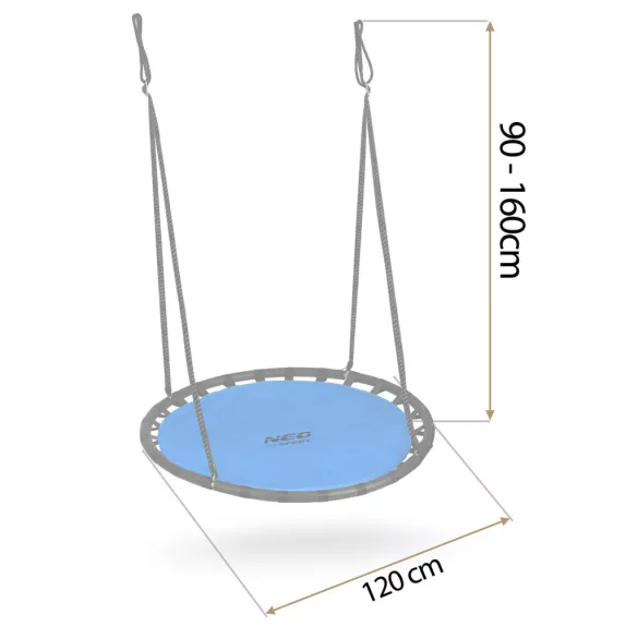 Fészekhinta, Neo-Sport Swingo, kék/fekete, átmérő: 120 cm, vízálló, állítható kötélmagasság: 90-160 cm, acél váz, Oxford 600D poliészter, teherbírás: 150 kg, kerek