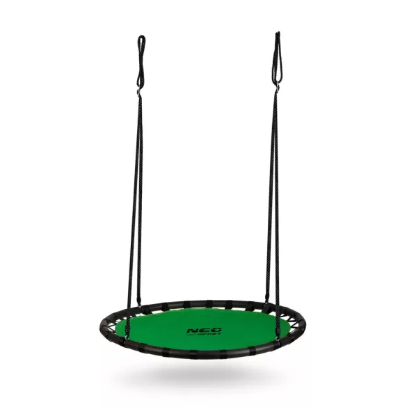 Fészekhinta, Neo-Sport Swingo, zöld/fekete, átmérő: 120 cm, vízálló, állítható kötélmagasság: 90-160 cm, acél váz, Oxford 600D poliészter, teherbírás: 150 kg, kerek