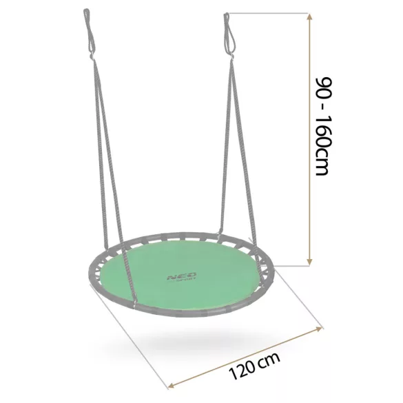 Fészekhinta, Neo-Sport Swingo, zöld/fekete, átmérő: 120 cm, vízálló, állítható kötélmagasság: 90-160 cm, acél váz, Oxford 600D poliészter, teherbírás: 150 kg, kerek