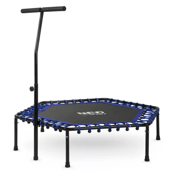 Fitnesz trambulin, Neo-Sport, fekete/kék, átmérő: 127 cm, hatszögletű, magasság: 30 cm, állítható kapaszkodó, acél váz, 6 + 1 láb, 100 kg teherbírás, 42 db gumi