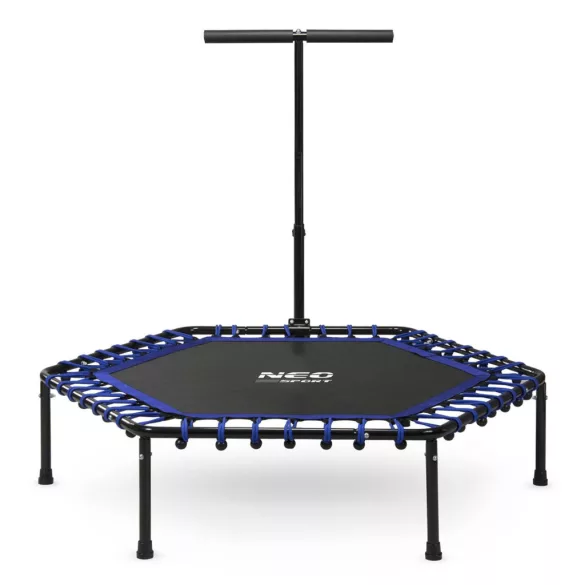 Fitnesz trambulin, Neo-Sport, fekete/kék, átmérő: 127 cm, hatszögletű, magasság: 30 cm, állítható kapaszkodó, acél váz, 6 + 1 láb, 100 kg teherbírás, 42 db gumi