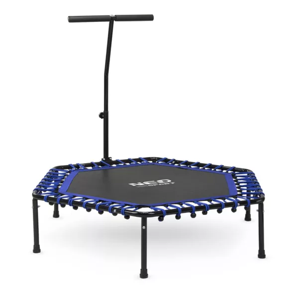 Fitnesz trambulin, Neo-Sport, fekete/kék, átmérő: 127 cm, hatszögletű, magasság: 30 cm, állítható kapaszkodó, acél váz, 6 + 1 láb, 100 kg teherbírás, 42 db gumi