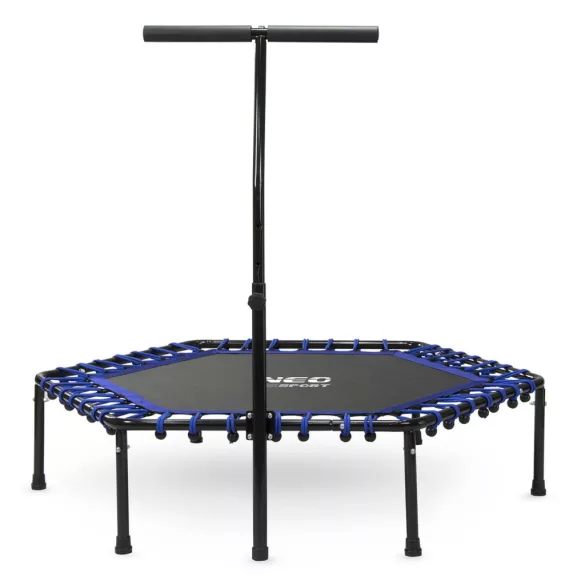 Fitnesz trambulin, Neo-Sport, fekete/kék, átmérő: 127 cm, hatszögletű, magasság: 30 cm, állítható kapaszkodó, acél váz, 6 + 1 láb, 100 kg teherbírás, 42 db gumi