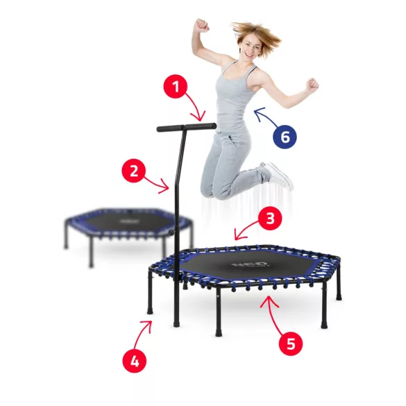 Fitnesz trambulin, Neo-Sport, fekete/kék, átmérő: 127 cm, hatszögletű, magasság: 30 cm, állítható kapaszkodó, acél váz, 6 + 1 láb, 100 kg teherbírás, 42 db gumi