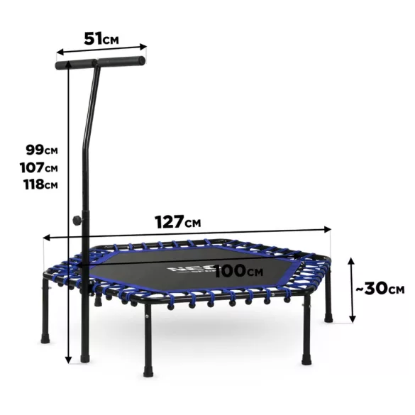 Fitnesz trambulin, Neo-Sport, fekete/kék, átmérő: 127 cm, hatszögletű, magasság: 30 cm, állítható kapaszkodó, acél váz, 6 + 1 láb, 100 kg teherbírás, 42 db gumi
