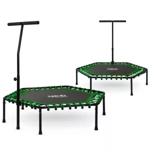 Fitnesz trambulin, Neo-Sport, fekete/zöld, átmérő: 127 cm, hatszögletű, magasság: 30 cm, állítható kapaszkodó, acél váz, 6 + 1 láb, 100 kg teherbírás, 42 db gumi