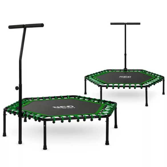 Fitnesz trambulin, Neo-Sport, fekete/zöld, átmérő: 127 cm, hatszögletű, magasság: 30 cm, állítható kapaszkodó, acél váz, 6 + 1 láb, 100 kg teherbírás, 42 db gumi