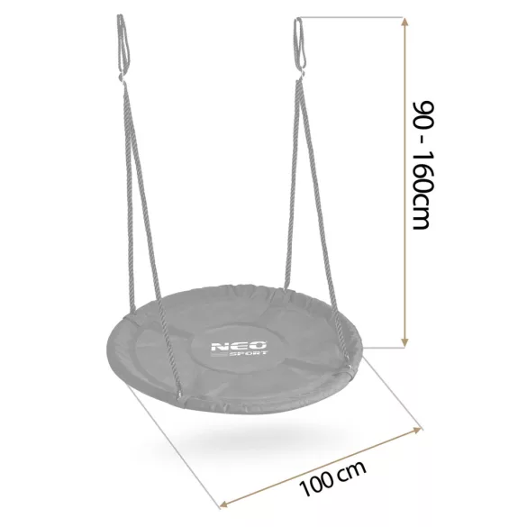 Fészekhinta, Neo-Sport NS-103, fekete, átmérő: 100 cm, vízálló, állítható kötélmagasság: 90-160 cm, acél váz, párnázott, Oxford 600D poliészter, teherbírás: 150 kg, kerek