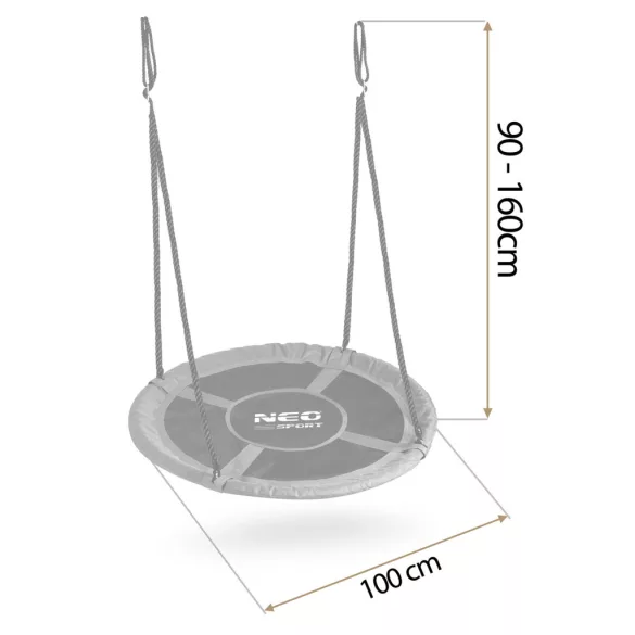 Fészekhinta, Neo-Sport Swingo, fekete/szürke, átmérő: 100 cm, vízálló, állítható kötélmagasság: 90-160 cm, acél váz, párnázott, Oxford 600D poliészter, teherbírás: 150 kg, kerek