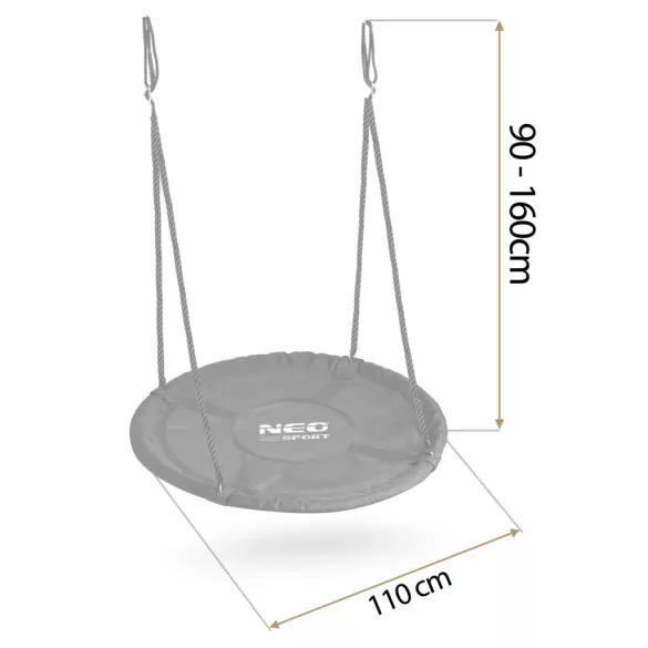 Fészekhinta, Neo-Sport NS-103, fekete, átmérő: 110 cm, vízálló, állítható kötélmagasság: 90-160 cm, acél váz, párnázott, Oxford 600D poliészter, teherbírás: 150 kg, kerek
