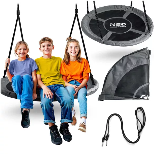 Fészekhinta, Neo-Sport Swingo, fekete/szürke, átmérő: 110 cm, vízálló, állítható kötélmagasság: 90-160 cm, acél váz, párnázott, Oxford 600D poliészter, teherbírás: 150 kg, kerek