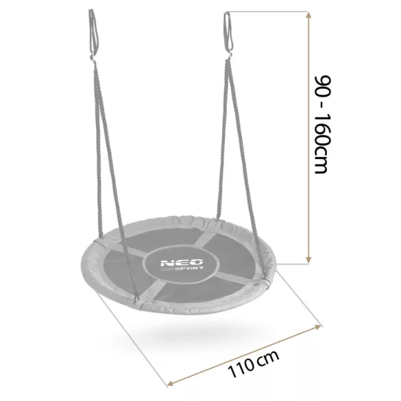 Fészekhinta, Neo-Sport Swingo, fekete/szürke, átmérő: 110 cm, vízálló, állítható kötélmagasság: 90-160 cm, acél váz, párnázott, Oxford 600D poliészter, teherbírás: 150 kg, kerek