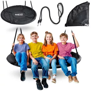 Fészekhinta, Neo-Sport NS-103, fekete, átmérő: 120 cm, vízálló, állítható kötélmagasság: 90-160 cm, acél váz, párnázott, Oxford 600D poliészter, teherbírás: 150 kg, kerek