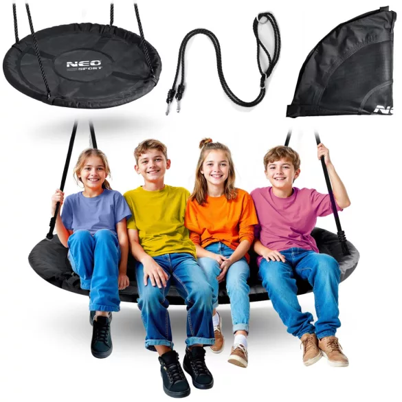Fészekhinta, Neo-Sport NS-103, fekete, átmérő: 120 cm, vízálló, állítható kötélmagasság: 90-160 cm, acél váz, párnázott, Oxford 600D poliészter, teherbírás: 150 kg, kerek