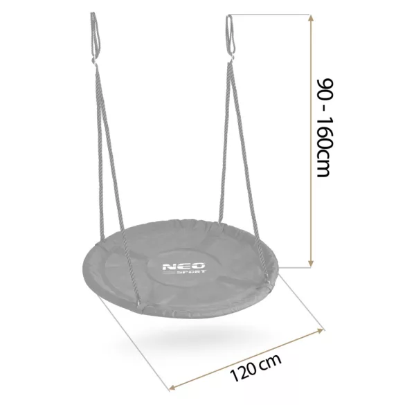 Fészekhinta, Neo-Sport NS-103, fekete, átmérő: 120 cm, vízálló, állítható kötélmagasság: 90-160 cm, acél váz, párnázott, Oxford 600D poliészter, teherbírás: 150 kg, kerek