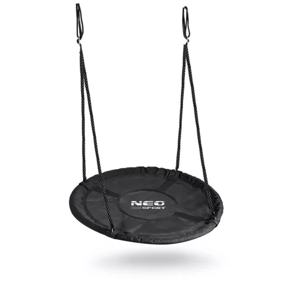 Fészekhinta, Neo-Sport NS-103, fekete, átmérő: 120 cm, vízálló, állítható kötélmagasság: 90-160 cm, acél váz, párnázott, Oxford 600D poliészter, teherbírás: 150 kg, kerek