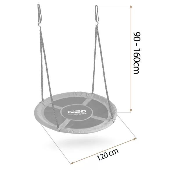 Fészekhinta, Neo-Sport Swingo, fekete/szürke, átmérő: 120 cm, vízálló, állítható kötélmagasság: 90-160 cm, acél váz, párnázott, Oxford 600D poliészter, teherbírás: 150 kg, kerek
