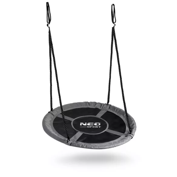 Fészekhinta, Neo-Sport Swingo, fekete/szürke, átmérő: 120 cm, vízálló, állítható kötélmagasság: 90-160 cm, acél váz, párnázott, Oxford 600D poliészter, teherbírás: 150 kg, kerek