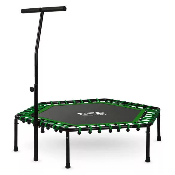 Fitnesz trambulin, Neo-Sport, fekete/zöld, átmérő: 127 cm, hatszögletű, magasság: 30 cm, állítható kapaszkodó, acél váz, 6 + 1 láb, 100 kg teherbírás, 42 db gumi