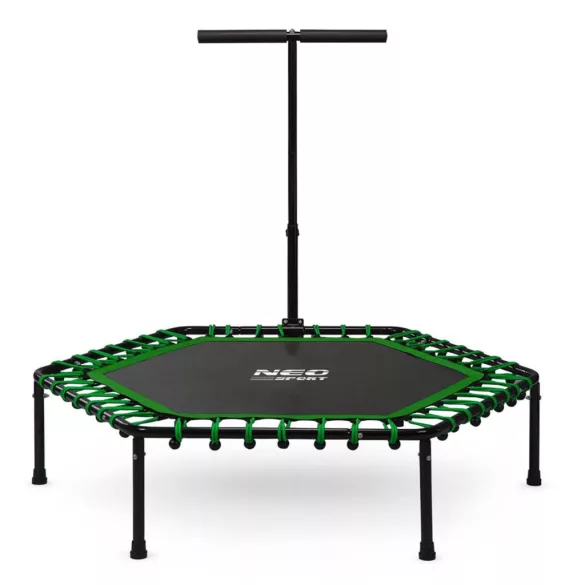 Fitnesz trambulin, Neo-Sport, fekete/zöld, átmérő: 127 cm, hatszögletű, magasság: 30 cm, állítható kapaszkodó, acél váz, 6 + 1 láb, 100 kg teherbírás, 42 db gumi