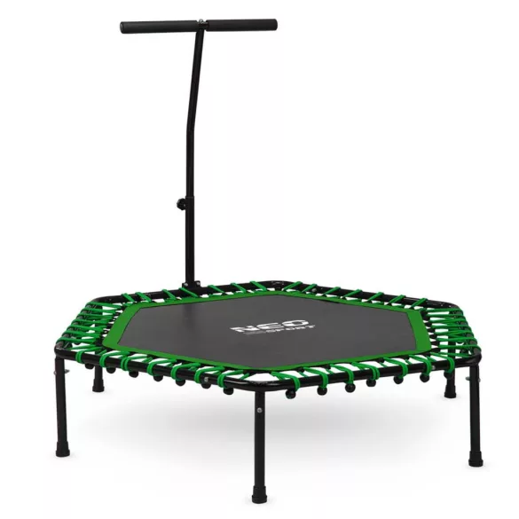 Fitnesz trambulin, Neo-Sport, fekete/zöld, átmérő: 127 cm, hatszögletű, magasság: 30 cm, állítható kapaszkodó, acél váz, 6 + 1 láb, 100 kg teherbírás, 42 db gumi