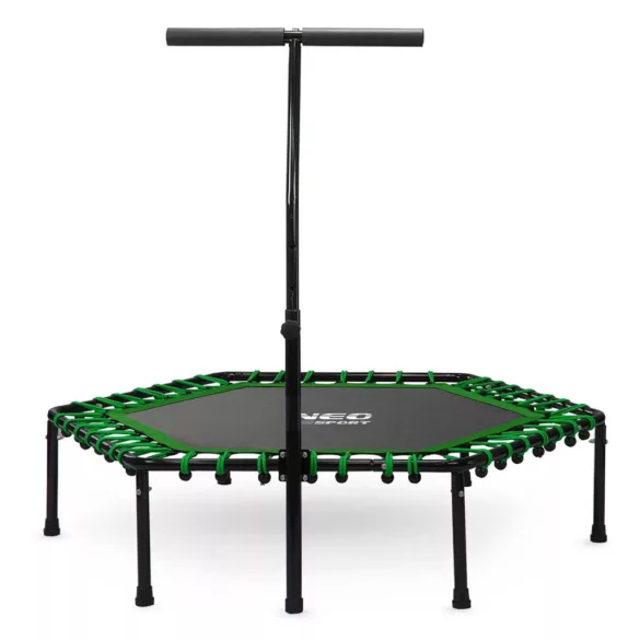 Fitnesz trambulin, Neo-Sport, fekete/zöld, átmérő: 127 cm, hatszögletű, magasság: 30 cm, állítható kapaszkodó, acél váz, 6 + 1 láb, 100 kg teherbírás, 42 db gumi