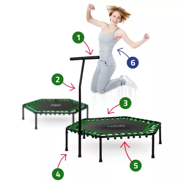Fitnesz trambulin, Neo-Sport, fekete/zöld, átmérő: 127 cm, hatszögletű, magasság: 30 cm, állítható kapaszkodó, acél váz, 6 + 1 láb, 100 kg teherbírás, 42 db gumi