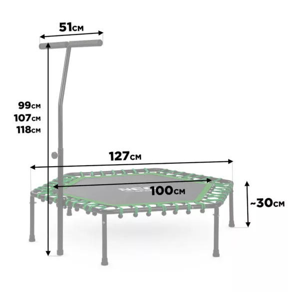 Fitnesz trambulin, Neo-Sport, fekete/zöld, átmérő: 127 cm, hatszögletű, magasság: 30 cm, állítható kapaszkodó, acél váz, 6 + 1 láb, 100 kg teherbírás, 42 db gumi