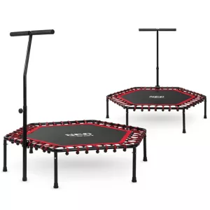 Fitnesz trambulin, Neo-Sport, fekete/piros, átmérő: 127 cm, hatszögletű, magasság: 30 cm, állítható kapaszkodó, acél váz, 6 + 1 láb, 100 kg teherbírás, 42 db gumi