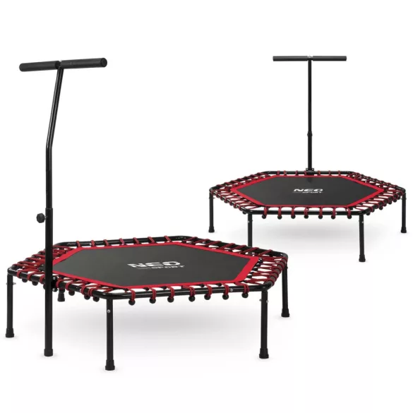 Fitnesz trambulin, Neo-Sport, fekete/piros, átmérő: 127 cm, hatszögletű, magasság: 30 cm, állítható kapaszkodó, acél váz, 6 + 1 láb, 100 kg teherbírás, 42 db gumi
