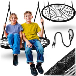 Fészekhinta, Neo-Sport NS-104, fekete, átmérő: 100 cm, vízálló, állítható kötélmagasság: 90-160 cm, acél váz, poliészter pókhálókötél, teherbírás: 150 kg, kerek