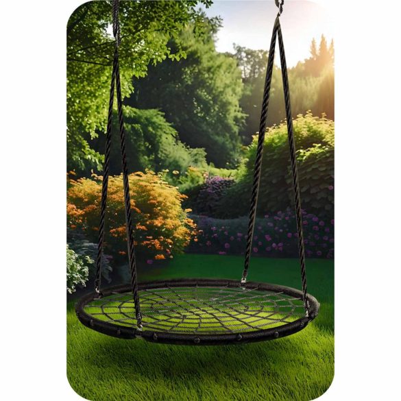 Fészekhinta, Neo-Sport NS-104, fekete, átmérő: 100 cm, vízálló, állítható kötélmagasság: 90-160 cm, acél váz, poliészter pókhálókötél, teherbírás: 150 kg, kerek