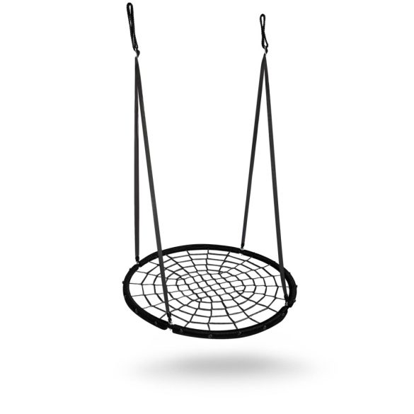 Fészekhinta, Neo-Sport NS-104, fekete, átmérő: 100 cm, vízálló, állítható kötélmagasság: 90-160 cm, acél váz, poliészter pókhálókötél, teherbírás: 150 kg, kerek