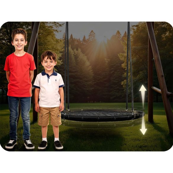 Fészekhinta, Neo-Sport NS-104, fekete, átmérő: 100 cm, vízálló, állítható kötélmagasság: 90-160 cm, acél váz, poliészter pókhálókötél, teherbírás: 150 kg, kerek